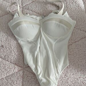 Maniere De Voir Cream Striped Bodysuit